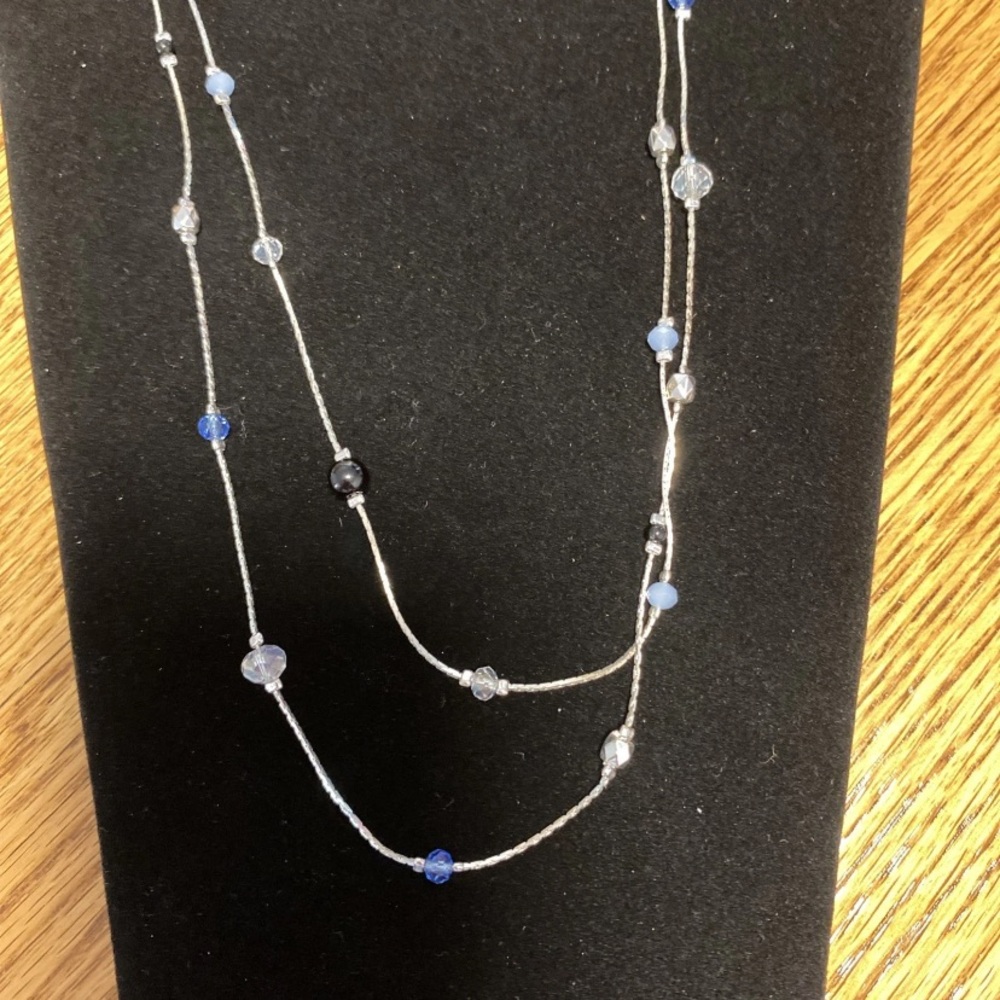Elegant Silver, Black & Blue Beaded Double Strand Adjustable Necklace